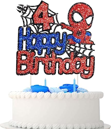 Spiderman Tortendeko 4 Geburtstag, Happy Birthday Tortendek， Superhelden Cake Topper, Doppelseitiger Glitter Kindergeburtstag Kuchen Deko für Mädchen Junge Baby von Yiran