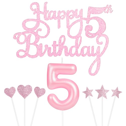 Tortenaufsatz zum 5. Geburtstag, personalisierbar, Rosa mit rosa Zahl 5, Geburtstagskerzen, rosa Sternherz, Cupcake-Topper, Kuchendekorationsset für Sie und Ihn, Mädchen, 5. Geburtstag, Jahrestag, von Yiran