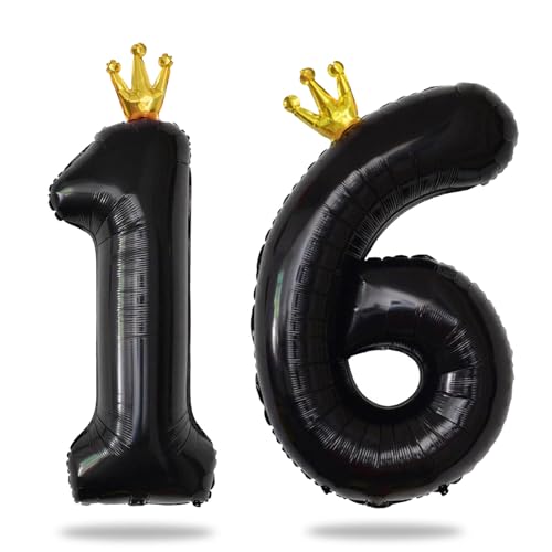 Yiran 101,6 cm schwarzer Folienballon Zahl 16 mit goldener Krone, große Zahlenballons, Helium 16 Ballon Zahlen, Schwarz 16 Geburtstag Dekorationen für Mädchen Jungen Kinder Jubiläum Party Dekorationen von Yiran