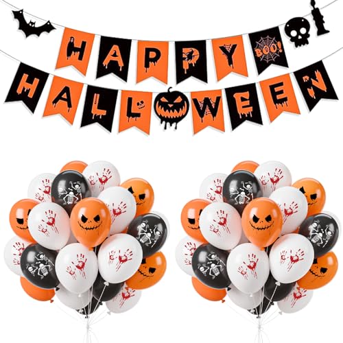 Yiran 24Stk Halloween Deko innen Mit HAPPY HALLOWEEN Girlande und Halloween Luftballons Schwarz Weiß Orange, Geburtstag Party Dekoration von Yiran