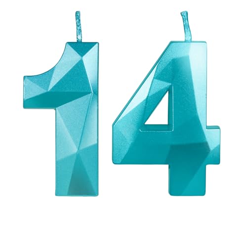 Yiran 3D Blau Geburtstagskerzen,Geburtstagskerzen Zahlen 14,Kuchendeko Geburtstag,Geburtstagskerzen für Geburtstagsdeko,Kuchen Dekoration für Jungen, Mädchen Geburtstag Jubiläen Party von Yiran