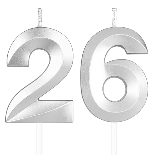 Yiran 3D Silber Geburtstagskerzen,Geburtstagskerzen Zahlen 26,Kuchendeko Geburtstag,Geburtstagskerzen für Geburtstagsdeko,Kuchen Dekoration für Männer Frauen Geburtstag Jubiläen Party von Yiran