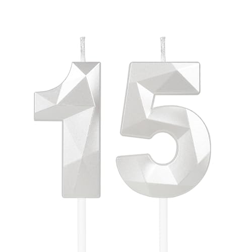 Yiran 3D Weiß Geburtstagskerzen,Geburtstagskerzen Zahlen 15,Kuchendeko Geburtstag,Geburtstagskerzen für Geburtstagsdeko,Kuchen Dekoration für Männer, Frauen Geburtstag Jubiläen Party von Yiran