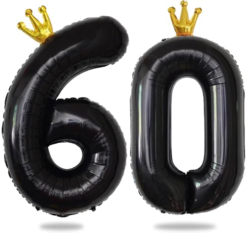 Yiran 40 Zoll Schwarz Folienballon Zahlen 60 mit Gold Krone, Große Zahlenballons, Helium 60 Ballon Zahlen, Schwarz 60 Geburtstag Dekorationen für Männer Frauen/Jubiläum Party Dekorationen von Yiran
