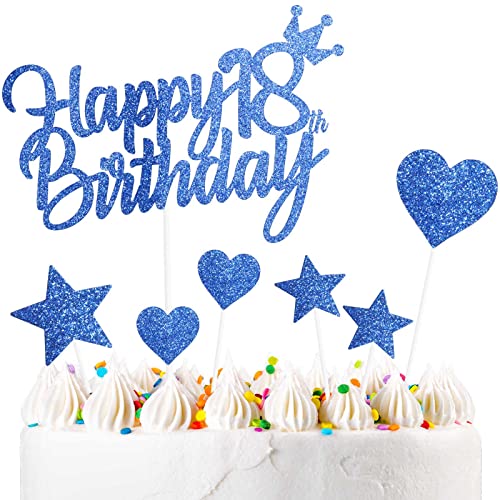 Yiran 7Stück Happy 18th Birthday Cake Topper Kuchendeko Dekoration. Doppelseitig Geburtstag Jungen und Mädchen Blau Tortendeko 18 Geburtstag Mit Herz Stern Glitter Cake Topper für 18 Geburtstag von Yiran