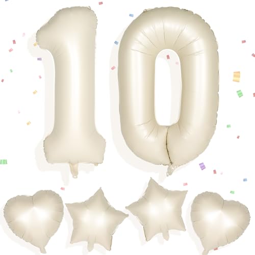 Yiran Cremefarbene Zahlenballons, 26,7 cm, große Zahl 10, Geburtstagsballons mit 45,7 cm cremefarbenen Folienherzballons, Ziffern-Helium-Mylar-Zahlenballon für Jungen und Mädchen, Geburtstagsparty, von Yiran