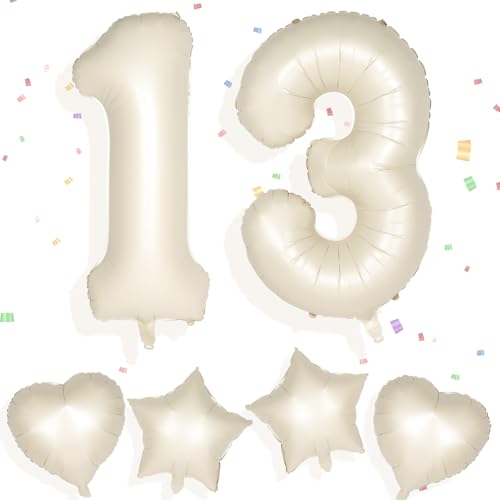 Yiran Cremefarbene Zahlenballons, 34,5 cm, große Zahl 13 Geburtstagsballons mit 45,7 cm cremefarbenen Folien-Herzballons, Ziffern-Helium-Mylar-Zahlenballon für Jungen, Mädchen, Geburtstagsparty, von Yiran
