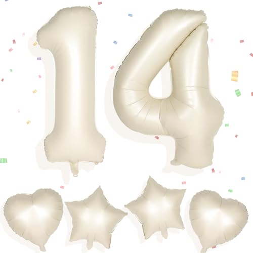 Yiran Cremefarbene Zahlenballons, 36 cm, große Zahl 14 Geburtstagsballons mit 45,7 cm cremefarbenen Folienherzballons, Ziffern-Helium-Mylar-Zahlenballon für Jungen, Mädchen, Geburtstagsparty, von Yiran