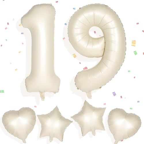 Yiran Cremefarbene Zahlenballons, 49,32 cm, große Zahl 19 Geburtstagsballons mit 45,7 cm cremefarbenen Folien-Herzballons, Ziffern-Helium-Mylar-Zahlenballon für Jungen, Mädchen, Geburtstagsparty, von Yiran