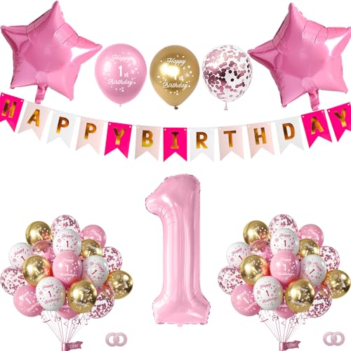 Yiran Dekoration für Mädchen zum 1. Geburtstag, rosa Luftballons zum 1. Geburtstag und "Happy Birthday"-Banner, Folienballon für Mädchen, 1 Jahr, Partyzubehör Yiran Dekoration für Mädchen zum 1. Geburtstag, rosa Luftballons zum 1. Geburtstag und "Happy Birthday"-Banner, Folienballon für Mädchen, 1 Jahr, Partyzubehör von Yiran