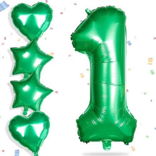 Yiran Folienballon Zahl 1, Grün, 81,3 cm, große Zahl 1 Geburtstagsballons mit 45,7 cm grünen Folienherzballons, Ziffern-Helium-Mylar-Zahlenballon für Jungen und Mädchen, Geburtstagsparty, von Yiran
