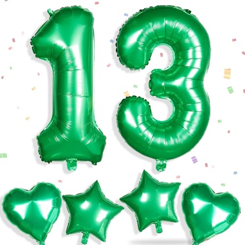 Yiran Folienballons mit Zahl 13, Grün, 81,3 cm, große Zahl 13, Geburtstagsballons mit 45,7 cm großen grünen Folien-Herzballons, Ziffern-Helium-Mylar-Zahlenballon für Jungen, Mädchen, Geburtstag, von Yiran