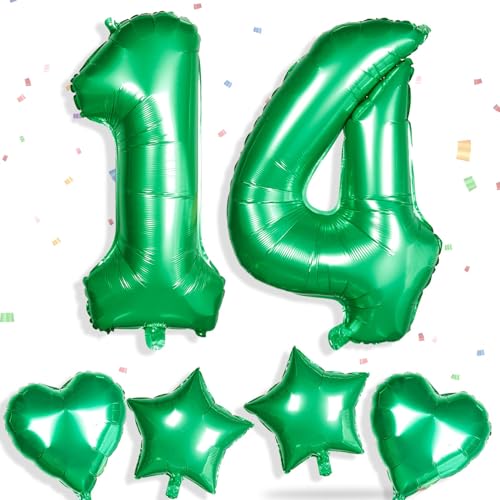 Yiran Folienballons mit Zahl 14, Grün, 81,3 cm, große Zahl 14, Geburtstagsballons mit 45,7 cm großen grünen Folien-Herzballons, Ziffern-Helium-Mylar-Zahlenballon für Jungen, Mädchen, Geburtstag, von Yiran
