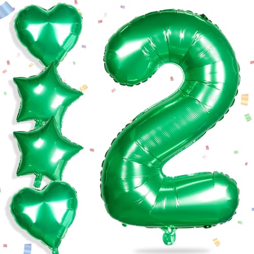 Yiran Folienballons mit Zahl 2, Grün, 81,3 cm, große Zahl 2, Geburtstagsballons mit 45,7 cm großen grünen Folien-Herzballons, Ziffern-Helium-Mylar-Zahlenballon für Jungen, Mädchen, Geburtstagsparty, von Yiran