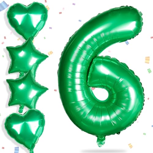 Yiran Folienballons mit Zahl 6, Grün, 81,3 cm, große Zahl 6, Geburtstagsballons mit 45,7 cm großen grünen Folien-Herzballons, Ziffern-Helium-Mylar-Zahlenballon für Jungen, Mädchen, Geburtstagsparty, von Yiran