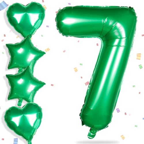 Yiran Folienballons mit Zahl 7, Grün, 81,3 cm, große Zahl 7 Geburtstagsballons mit 45,7 cm großen grünen Folienherzballons, Helium-Mylar-Zahlenballon für Jungen und Mädchen, Geburtstagsparty, von Yiran