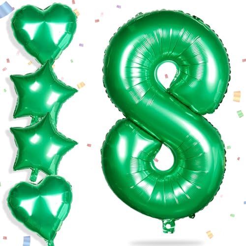 Yiran Folienballons mit Zahl 8, Grün, 81,3 cm, große Zahl 8, Geburtstagsballons mit 45,7 cm großen grünen Folienherzballons, Helium-Mylar-Zahlenballon für Jungen, Mädchen, Geburtstagsparty, von Yiran