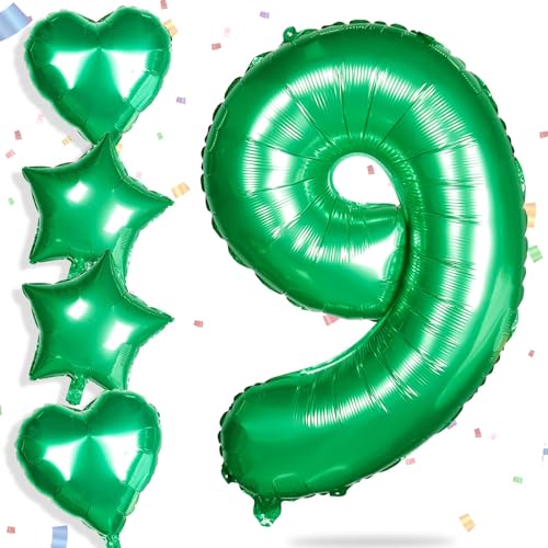 Yiran Folienballons mit Zahl 9, Grün, 81,3 cm, große Zahl 9, Geburtstagsballons mit 45,7 cm großen grünen Folien-Herzballons, Ziffern-Helium-Mylar-Zahlenballon für Jungen, Mädchen, Geburtstagsparty, von Yiran