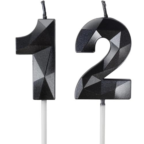 Yiran Geburtstagskerzen Zahl 12 Schwarz - Schwarze Kerzen 3D Kerzen für Jungen Mädchen Geburtstagstorten, Kerzen zum 12 Geburtstagsdeko (Nummer 12 Kerze, Tortenkerzen) Geburtstagsparty, Feier von Yiran