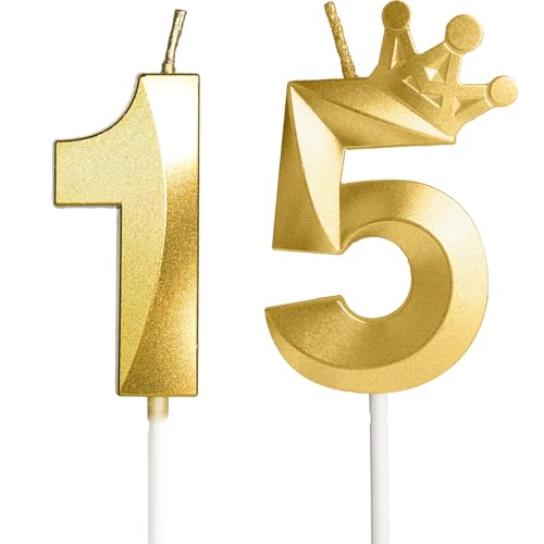 Yiran Geburtstagskerzen Zahl 15, Gold Zahlenkerze mit Krone, Zahlen 15 Kerzen Geburtstag, Kerzen für Kuchen,Tortendekoration für Mädchen Jungen Kinder, Geburtstagsfeier, Jubiläum, Partyzubehör von Yiran