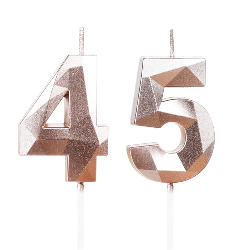 Yiran Geburtstagskerzen Zahlen 45, Roségold Geburtstagskerzen, 3D Kerzen Geburtstag, Kuchendeko Geburtstag, Geburtstagskerzen für Geburtstagsdeko, Nummer 45 von Yiran
