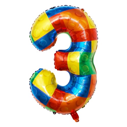 Yiran Helium-Ballon, 81,3 cm, Baustein-Zahlenballon, bunte Block-Nummer 3, Mylar-Ballons, 3. Geburtstag, Party, Ziegel-Themen-Dekorationen, Zubehör für Jungen, Mädchen, Kindergeburtstagsballons von Yiran