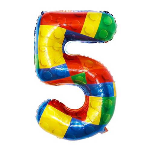 Yiran Helium-Ballon, 81,3 cm, Baustein-Zahlenballon, bunte Block-Nummer 5, Folienballons, Mylar-Ballons, 5. Geburtstag, Party, Ziegel-Themen-Dekorationen, Zubehör für Jungen, Mädchen,, (LMSZ-LG5) von Yiran