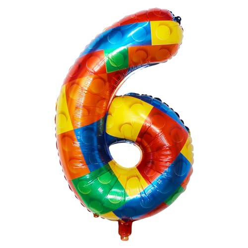 Yiran Helium-Ballon, 81,3 cm, Baustein-Zahlenballon, bunte Block-Nummer 6, Mylar-Ballons, 6. Geburtstag, Party, Ziegel-Themen-Dekorationen, Zubehör für Jungen, Mädchen, Kindergeburtstagsballons, 32 von Yiran