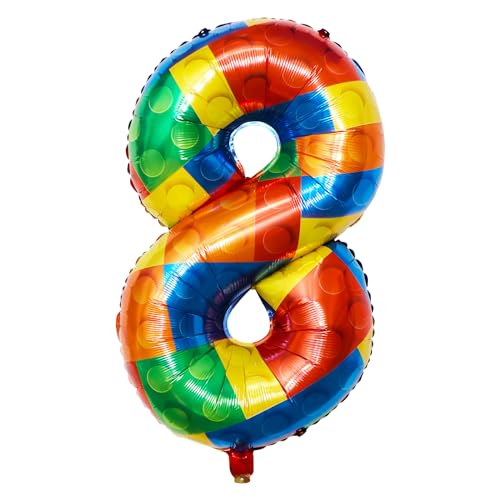 Yiran Helium-Ballon, 81,3 cm, Baustein-Zahlenballon, bunte Block-Nummer 8, Folienballons, Mylar-Ballons, 8. Geburtstag, Party, Ziegel-Themen-Dekoration, Zubehör für Jungen, Mädchen, von Yiran