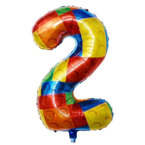 Yiran Luftballon 2. Baustein Zahl 2 Ballon 32 Zoll Zahlenballon für Geburtstag Party Dekorationen,Ziegel-Themen-Dekoration für Jungen, Mädchen Jahrestag Dekorationen von Yiran