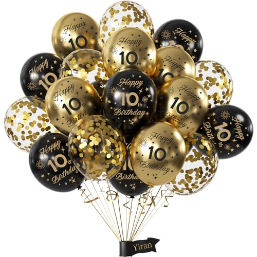 Yiran Luftballons 10.Geburtstag Deko,15 Stück 10.Geburtstag Junge Mädchen Schwarz Gold Deko, Happy Birthday Ballons Schwarz Gold Deko, Deko 10.Geburtstag Konfetti Luftballons, Birthday Party Deko von Yiran