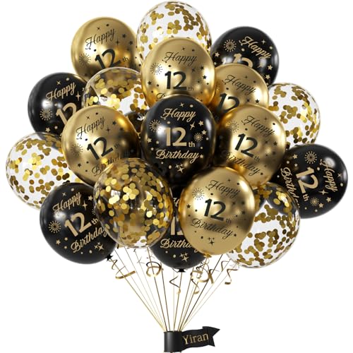 Yiran Luftballons 12.Geburtstag Deko,15 Stück 12.Geburtstag Junge Mädchen Schwarz Gold Deko, Happy Birthday Ballons Schwarz Gold Deko, Deko 12.Geburtstag Konfetti Luftballons, Birthday Party Deko von Yiran