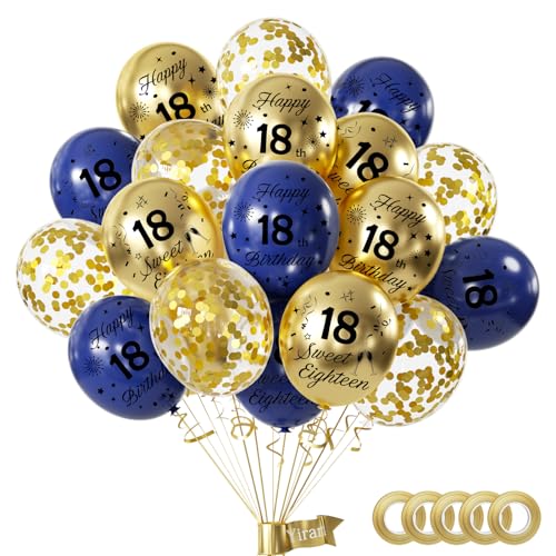 Yiran Luftballons 18 Geburtstag Deko, 15 Stück 18.Geburtstag Junge Mädchen Blau Gold Deko, Happy Birthday Ballons Blau Gold Deko, Deko 18.Geburtstag Konfetti Luftballons, Birthday Party Deko von Yiran