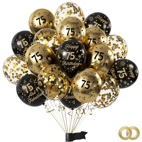 Yiran Luftballons zum 75. Geburtstag, Party-Dekorationen für Männer und Frauen, Geburtstagsdekoration, Jubiläumszubehör (Alter 75), Schwarz / Gold, 15 Stück von Yiran