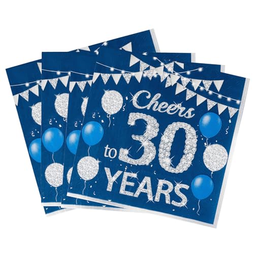 Yiran Papierservietten mit Aufschrift "Cheers to 30th Years", marineblau und silberfarben, 20 Stück Happy Birthday Party-Servietten, Papiertücher für Männer, Frauen, sie, ihn, 30. Geburtstag, von Yiran