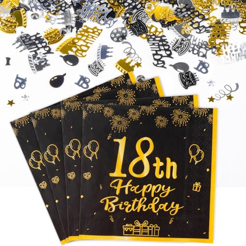 Yiran Tischdeko 18. Geburtstag Mädchen Junge Enthält 20 Stk Servietten 18 Geburtstag und 5g Konfetti Geburtstag Deko, 18 Geburtstag Deko Schwarz Gold Happy Birthday Party Supplies Tischdekoration von Yiran