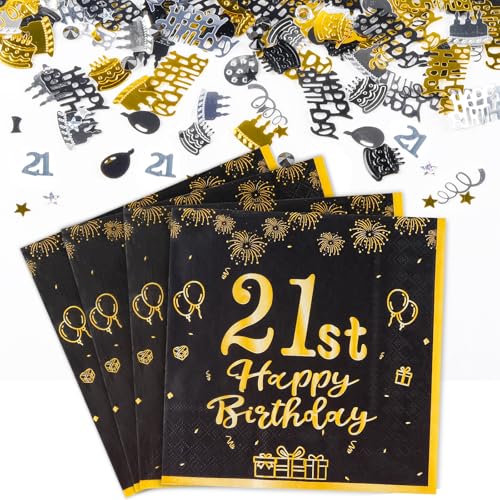 Yiran Tischdeko 21. Geburtstag Mädchen Junge Enthält 20 Stk Servietten 21 Geburtstag und 5g Konfetti Geburtstag Deko, 21 Geburtstag Deko Schwarz Gold Happy Birthday Party Supplies Tischdekoration von Yiran