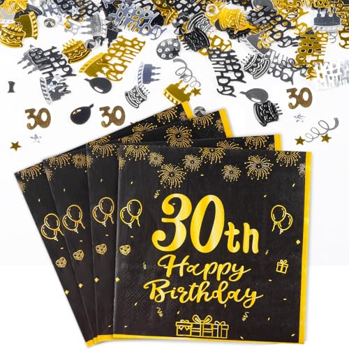 Yiran Tischdeko 30. Geburtstag Mädchen Junge Enthält 20 Stk Servietten 30 Geburtstag und 5g Konfetti Geburtstag Deko, 30 Geburtstag Deko Schwarz Gold Happy Birthday Party Supplies Tischdekoration von Yiran