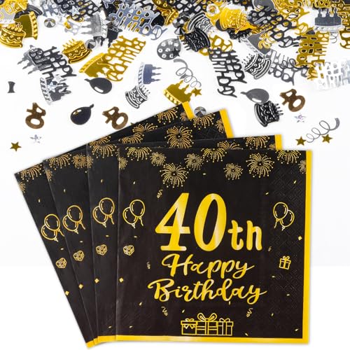 Yiran Tischdeko 40. Geburtstag Mädchen Junge Enthält 20 Stk Servietten 40 Geburtstag und 5g Konfetti Geburtstag Deko, 40 Geburtstag Deko Schwarz Gold Happy Birthday Party Supplies Tischdekoration von Yiran