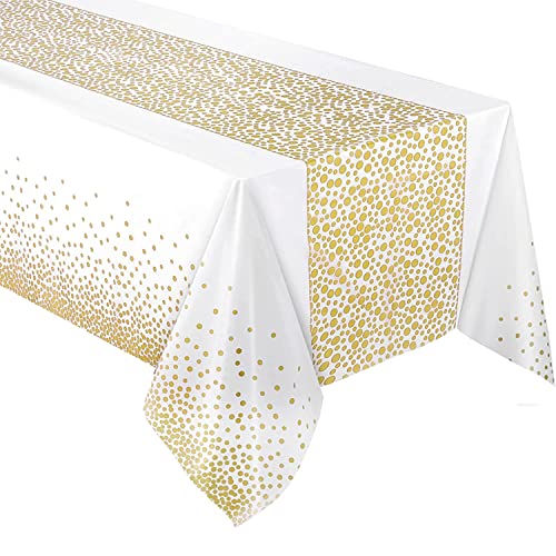 Yiran Weiß und Gold Party Tischdecke Einweg für Rechteck Tisch, Gold Dot Confetti Geburtstag Tischdecke, für Baby Shower, Jungen Geburtstag, Jahrestag, Single Party, Tea Party, Hochzeit 137cm x 274cm von Yiran