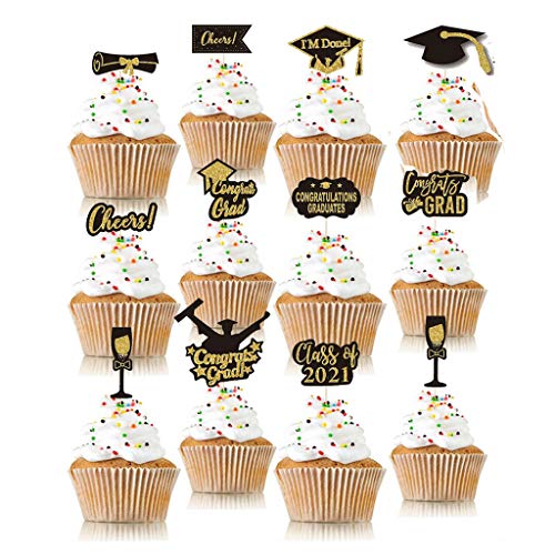 12 Stück Glitzer-Cupcake-Topper, Dekoration, Kuchenflaggen, Stick für 2021 Graduierung Grad Happy Birthday Party Supplies von Yisawroy