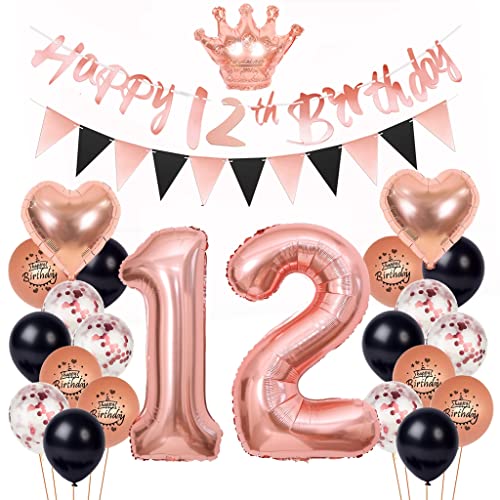 12 Geburtstag Deko Mädchen, Deko 12. Geburtstag Rosegold Schwarz, Luftballon 12. Geburtstag Rosegold 12. Rosegold Schwarz Deko Set Geburtstagsdeko 12 Jahr Ballon 12. Geburtstag Party Deko von Yishamei