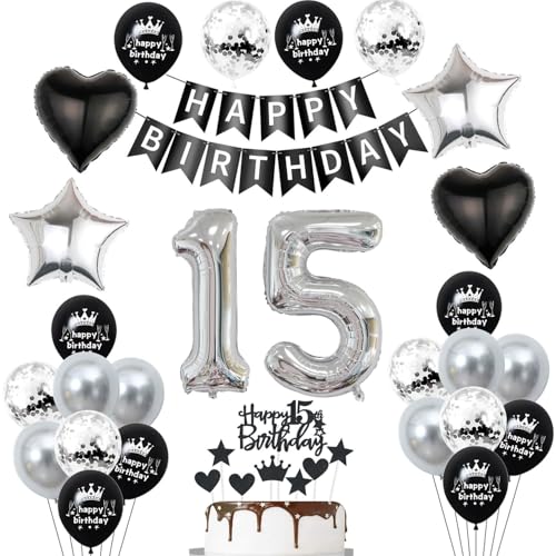 15. Geburtstag Dekoration,Schwarz Tortendeko Geburtstag 15 Jahre Junge,Party Deko 15 Mädchen Junge,Tortendeko ,Silber Geburtstagsdeko 15 Jahre ballon 15. Geburtstag Dekoration,Schwarz Tortendeko Geburtstag 15 Jahre Junge,Party Deko 15 Mädchen Junge,Tortendeko ,Silber Geburtstagsdeko 15 Jahre ballon von Yishamei