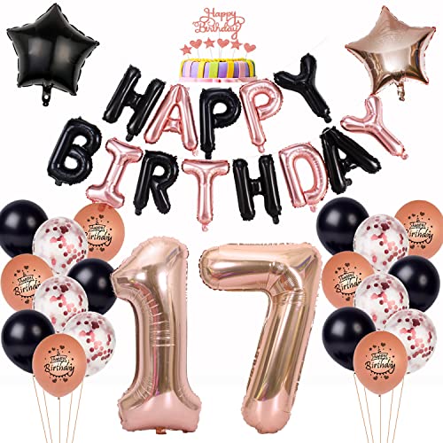 Luftballon 17. Geburtstag Dekoration Mädchen Rosegold Schwarz Ballon Deko 17. Geburtstag Mädchen,Geburtstagsdeko 17 Jahre Mädchen,Folienballon 17 Geburtstag deko Mädchen Happy Birthday 17 deko von Yishamei