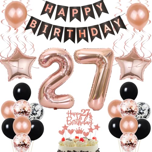 Luftballon 27. Geburtstag Dekoration Rose Gold Schwarz Geburtstagsdeko 27 Jahre Tortendeko Geburtstag 27 Frau,Happy Birthday 27 Frauen von Yishamei