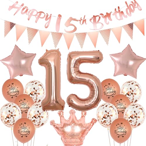 Luftballons 15 Geburtstag Mädchen dekoration rosegold set,15. Geburtstag Party Dekorationen Mädchen happy birthday 15th banner,Ballon 15 jahre Mädchen deko, Geburtstagsdeko 15 jahre Mädchen von Yishamei