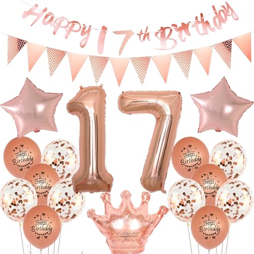Luftballons 17 Geburtstag Mädchen dekoration rosegold set,17. Geburtstag Party Dekorationen Mädchen happy birthday 17th banner,Ballon 17 jahre Mädchen deko, Geburtstagsdeko 17 jahre Mädchen von Yishamei