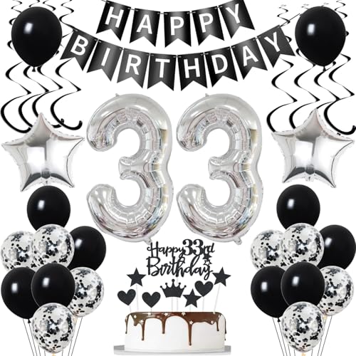 Luftsballon 33. Geburtstag Dekoration Schwarz Silber - 33 Jahre Frauen Männer Tortendeko - Ballons Kuchen Deko von Yishamei