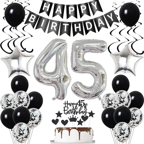 Luftsballon 45. Geburtstag Dekoration Schwarz Silber für Frauen und Männer - Tortendeko, Ballons, Kuchen Deko von Yishamei