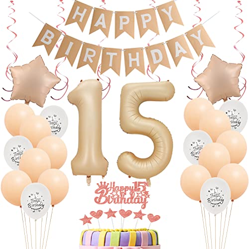 Retro Luftballons 15 Geburtstag Mädchen Deko Set,Tortendeko 15 jahre Geburtstag Mädchen,Folienballons 15 Geburtstag Mädchen Dekoration, Geburtstagdeko 15 Jahre Mädchen Kuchen Topper 15. Geburtstag von Yishamei